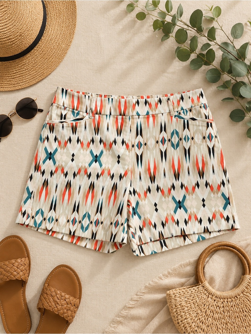 White House Black Market Cream Printed Summer Shorts with Teal & Coral Accents